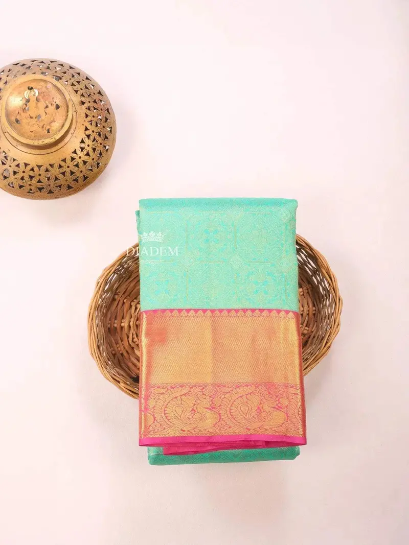 Aqua Green Pure Kanchipuram Bridal Silk Saree With Zari Brocade On The Body And Contrast Zari Border 1