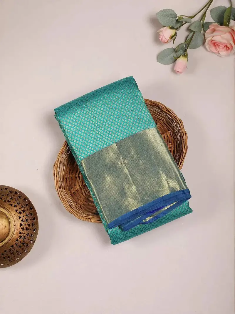 Aqua Green Pure Kanchipuram Bridal Silk Saree With Zari Brocade On The Body And Contrast Zari Border 1