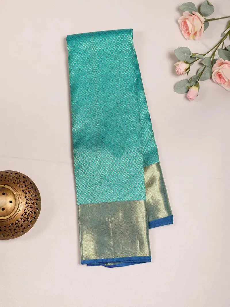 Aqua Green Pure Kanchipuram Bridal Silk Saree With Zari Brocade On The Body And Contrast Zari Border 2