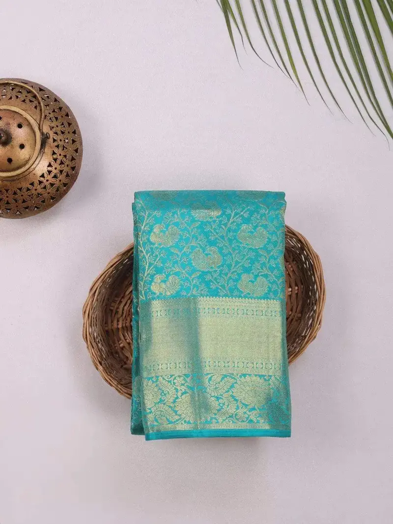 Aqua Green Pure Kanchipuram Bridal Silk Saree With Zari Floral Motif 1