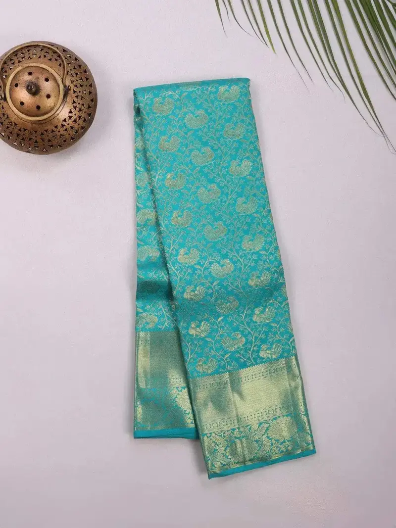 Aqua Green Pure Kanchipuram Bridal Silk Saree With Zari Floral Motif 2