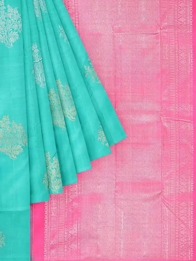 Aqua Green Pure Kanchipuram Silk Saree With Floral Motif And No Border 1
