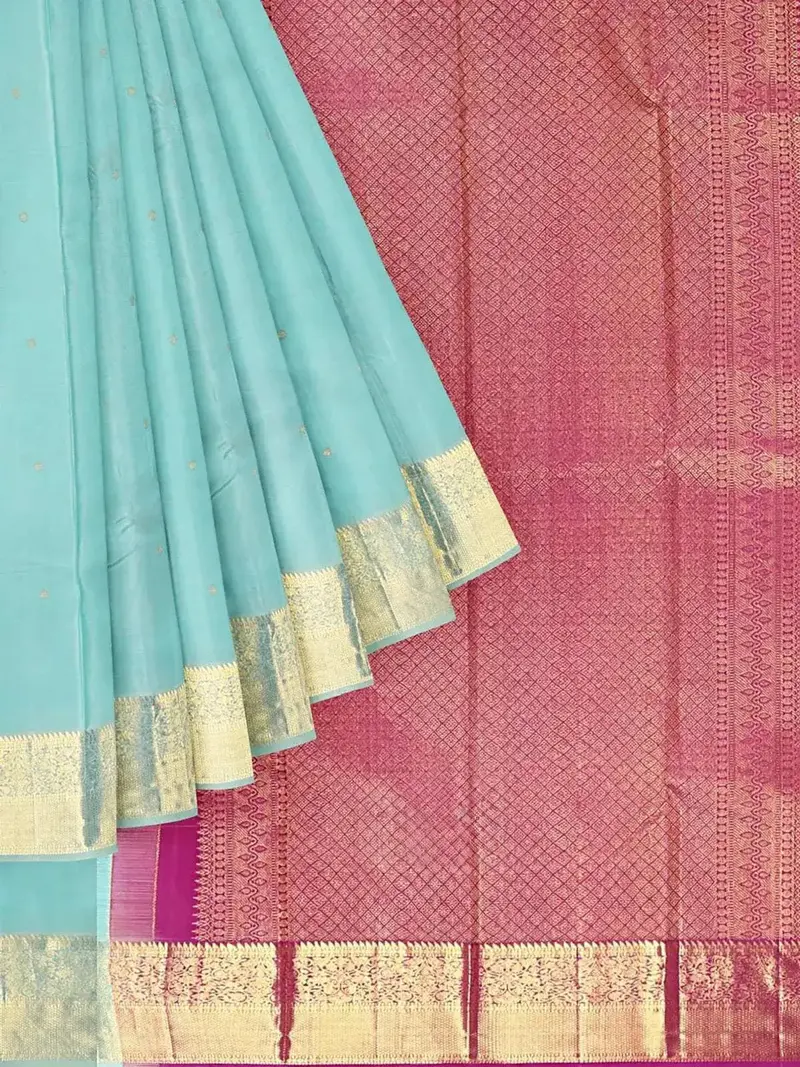 Aqua Green Pure Kanchipuram Silk Saree With Zari Butta & Zari Border 1