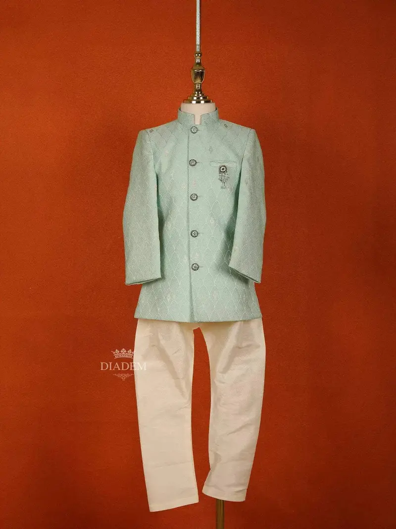 Aqua Green Raw Silk Sherwani Suit With Brooch 1