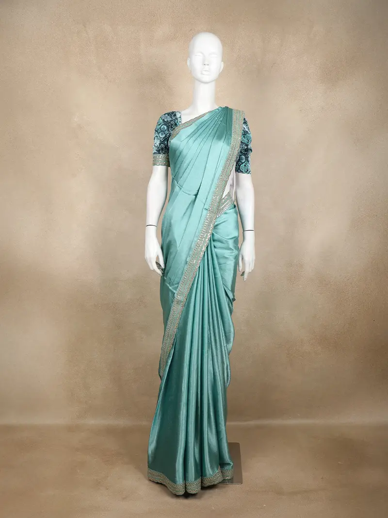 Aqua Green Satin Saree With Designer Border 1