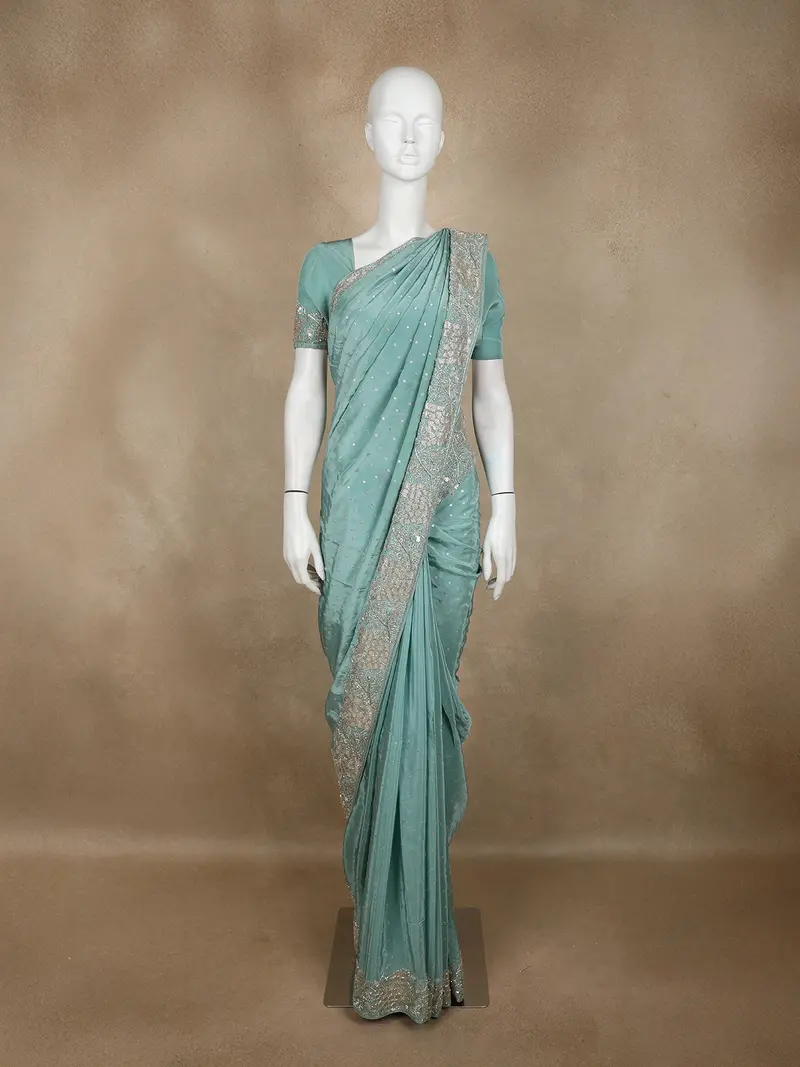 Aqua Green Sequins And Thread Embroidered Satin Saree With Designer Border 1