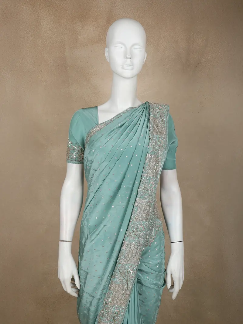 Aqua Green Sequins And Thread Embroidered Satin Saree With Designer Border 2