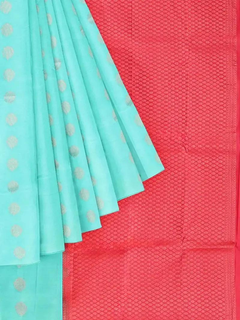 Aqua Green Silk Saree With Zari Butta On The Body And Without Border 1
