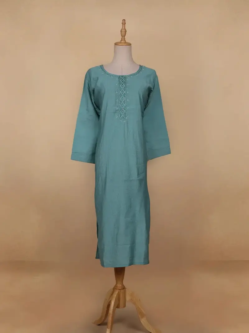 Aqua Green Solid Casual Cotton Kurti 1
