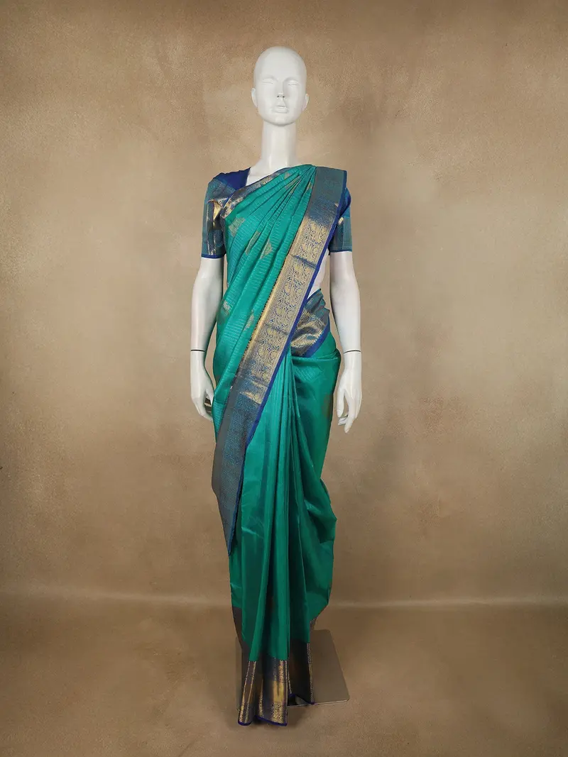 Aqua Green Striped Zari Woven Design Pure Kanchipuram Silk Saree With Contrast Zari Border 1
