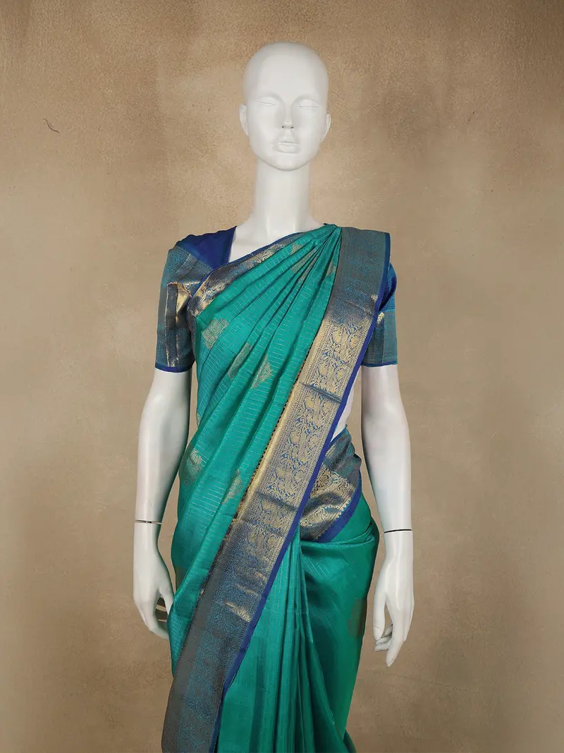 Aqua Green Striped Zari Woven Design Pure Kanchipuram Silk Saree With Contrast Zari Border 2