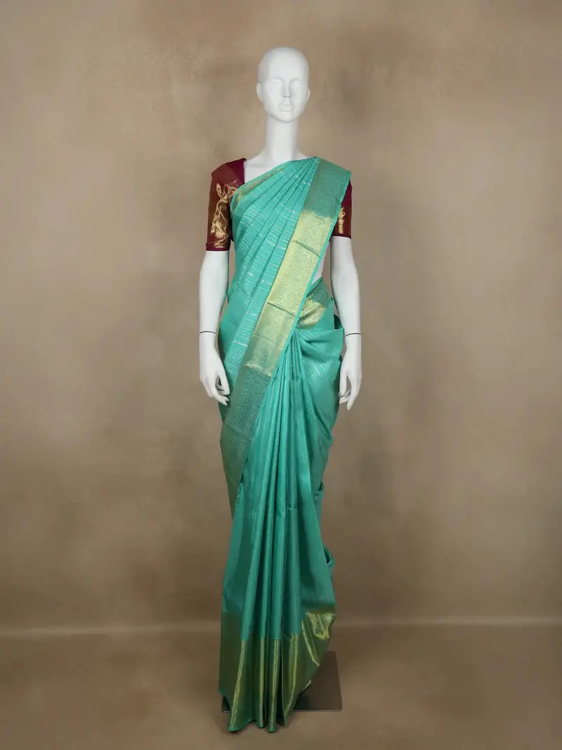 Aqua Green Stripes Woven Pure Kanchipuram Silk Saree 1