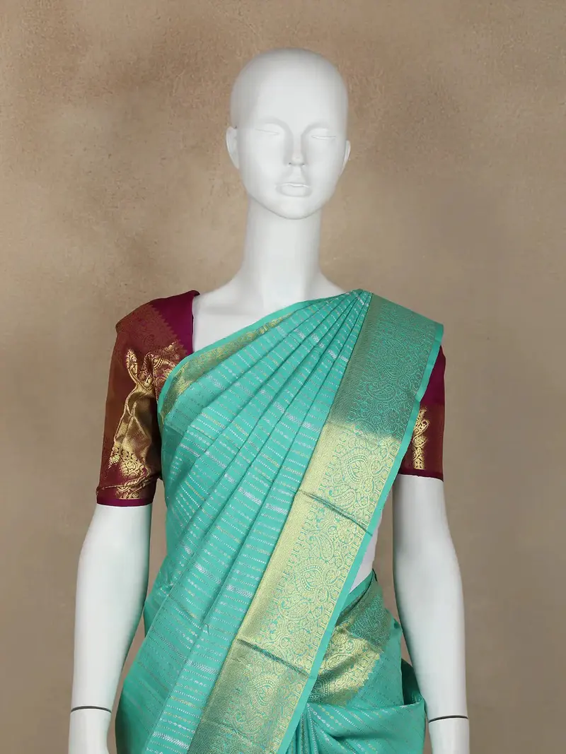 Aqua Green Stripes Woven Pure Kanchipuram Silk Saree 2