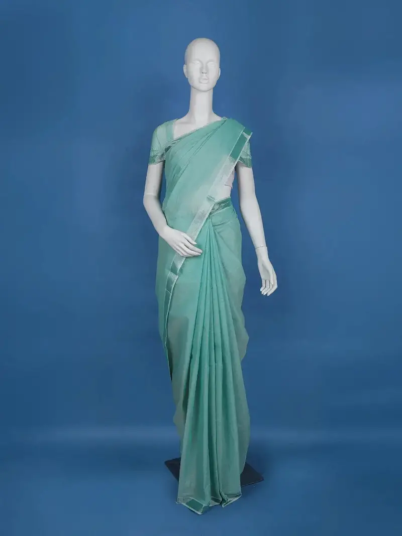 Aqua Green With Designed Border Cotton Saree 1