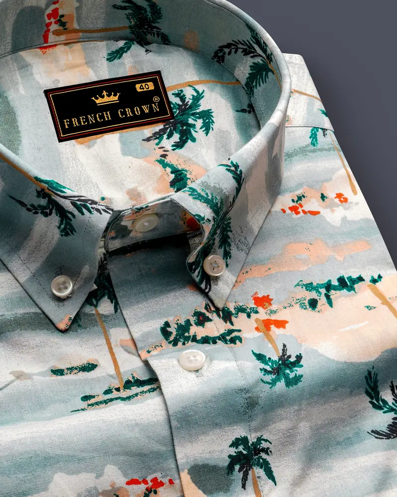Aqua Island Sea Blue And Limed Spruce Green Tropical Printed Premium Cotton Shirt 1