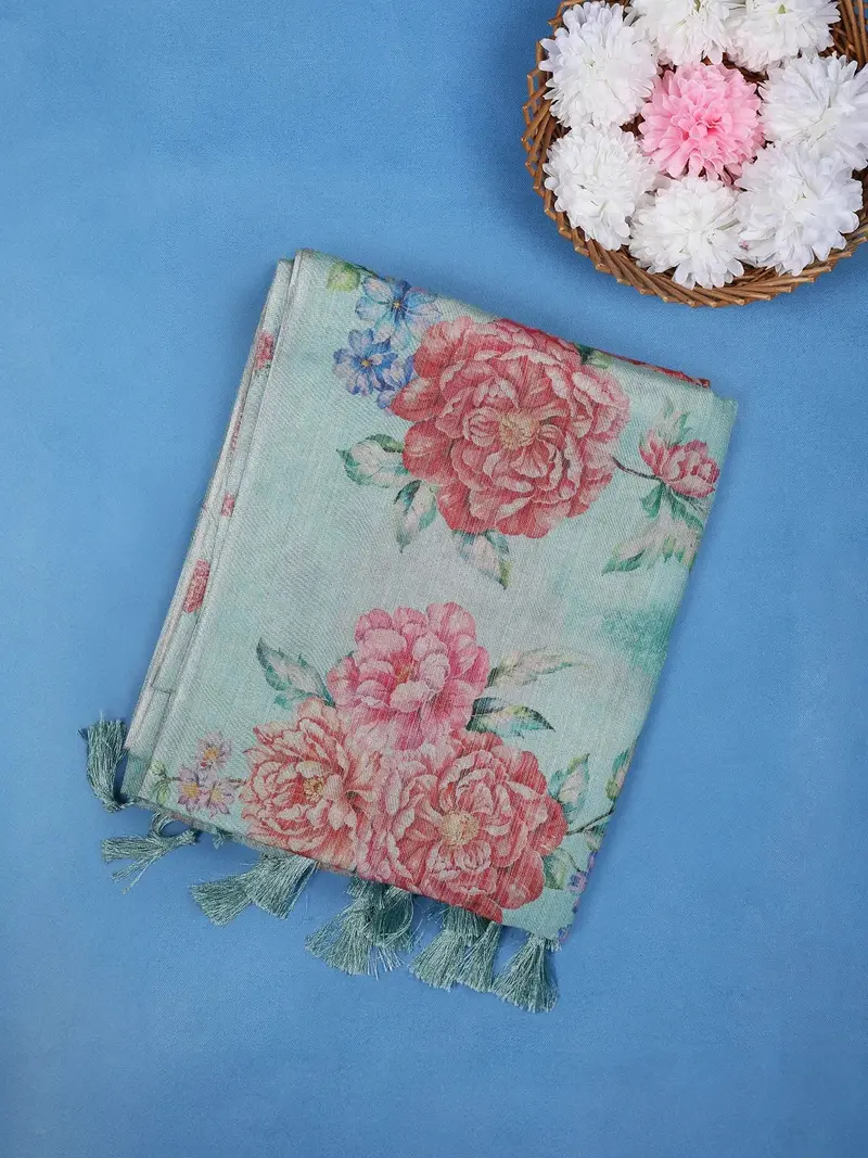 Aqua Mint Green Floral Digital Print Cotton Saree 1