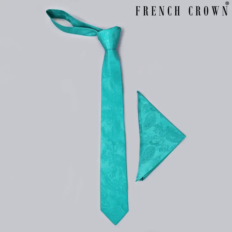 Aqua Paisley Jacquard Tie With Free Pocket Square 1