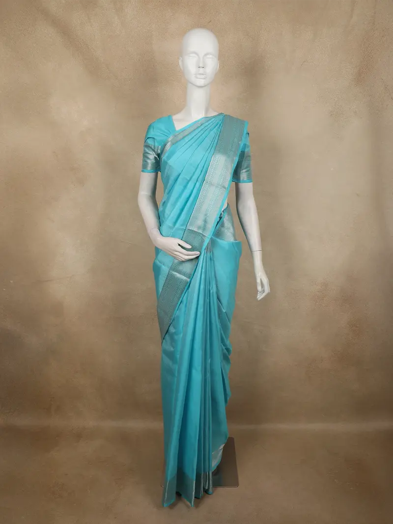 Aqua Sky Blue Striped And Geometric Zari Woven Design Kanchipuram Silk Saree With Zari Border 1