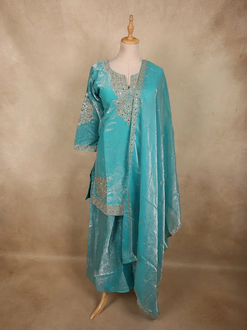 Aqua Teal Blue Beads And Zari Embroidered Design Organza Sharara Suit With Dupatta 1