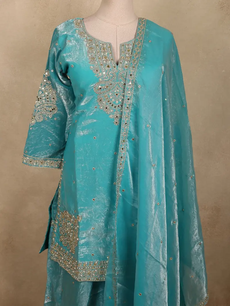 Aqua Teal Blue Beads And Zari Embroidered Design Organza Sharara Suit With Dupatta 2