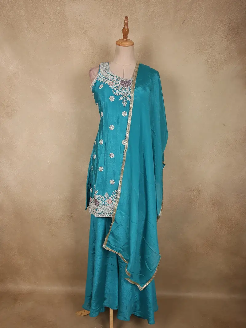 Aqua Teal Blue Floral Sequins And Beads Embroidered Design Georgette Palazzo Suit With Dupatta 1