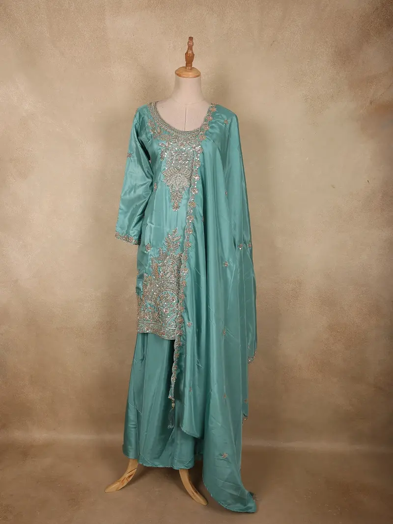 Aqua Teal Blue Floral Sequins And Beads Embroidered Design Satin Palazzo Suit With Dupatta 1