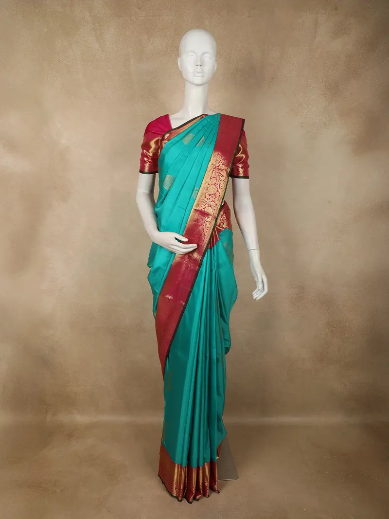 Aqua Teal Blue Paisley Butta Zari Woven Design Pure Kanchipuram Silk Saree With Contrast Zari Border 1