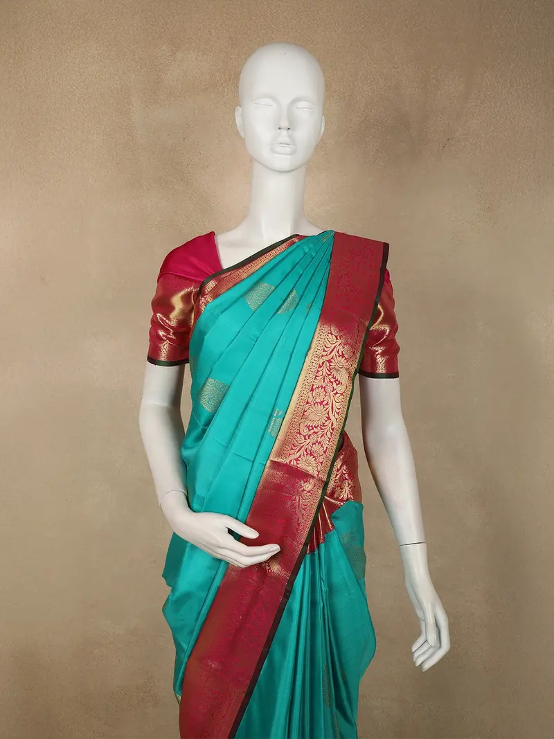 Aqua Teal Blue Paisley Butta Zari Woven Design Pure Kanchipuram Silk Saree With Contrast Zari Border 2