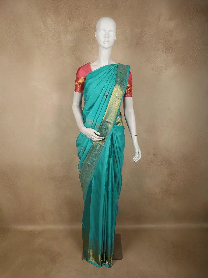 Aqua Teal Blue Paisley Butta Zari Woven Design Pure Kanchipuram Silk Saree With Floral Zari Border 1