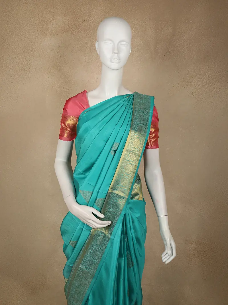 Aqua Teal Blue Paisley Butta Zari Woven Design Pure Kanchipuram Silk Saree With Floral Zari Border 2