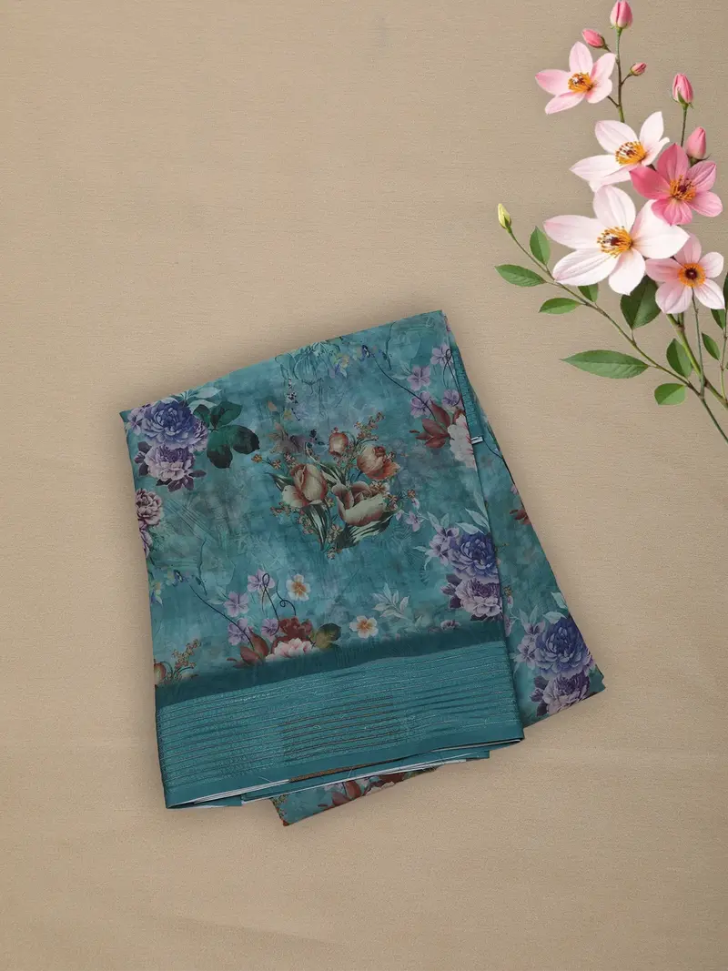 Aqua Teal Green Floral Printed Chiffon Saree With Self Woven Border 1