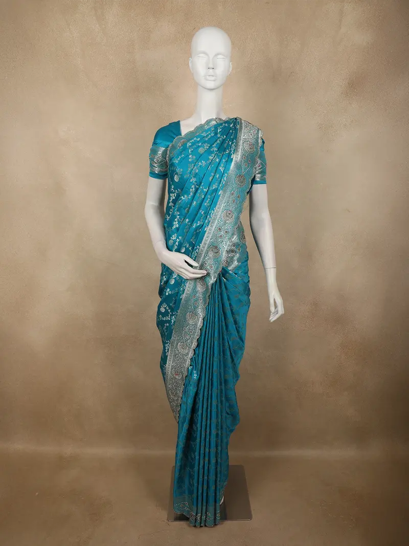 Aqua Turquoise Blue Floral Zari Woven Design Banarasi Silk Designer Saree With Designer Border 1