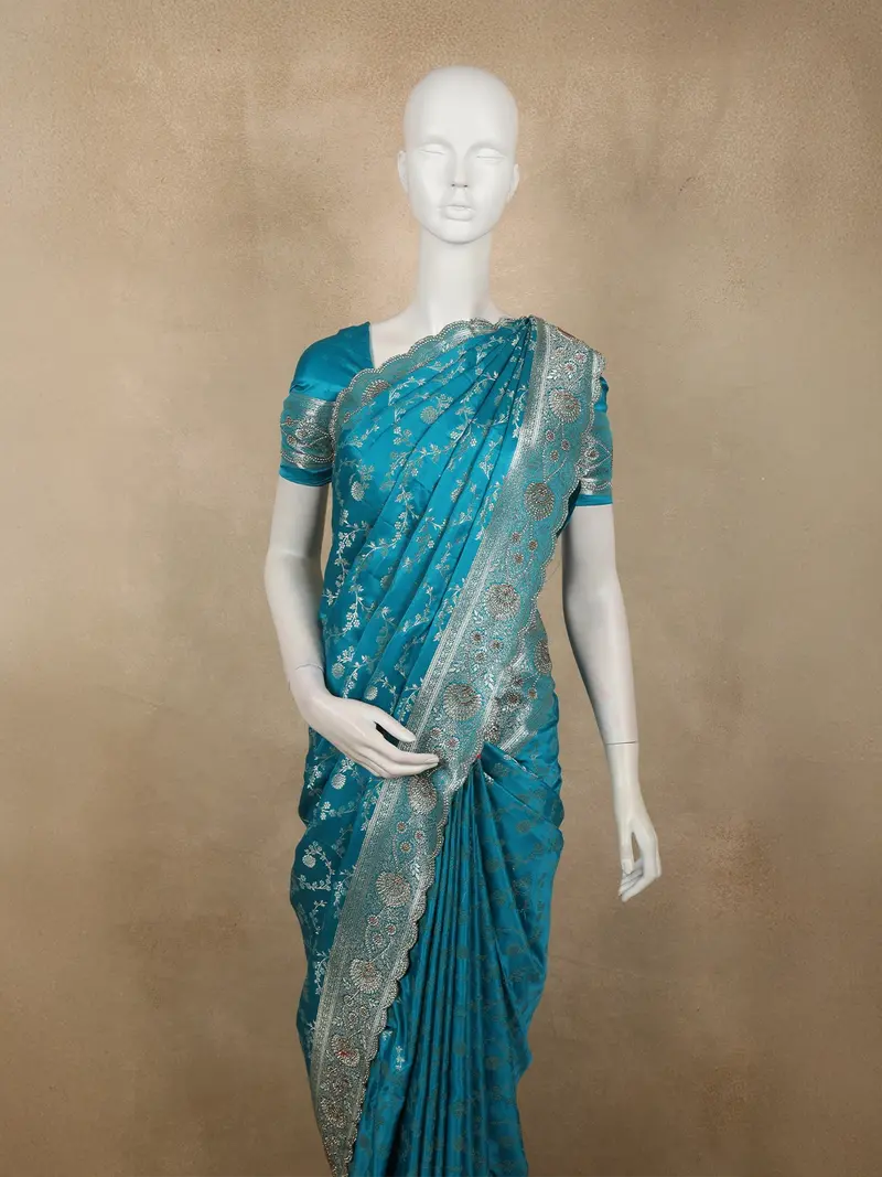 Aqua Turquoise Blue Floral Zari Woven Design Banarasi Silk Designer Saree With Designer Border 2