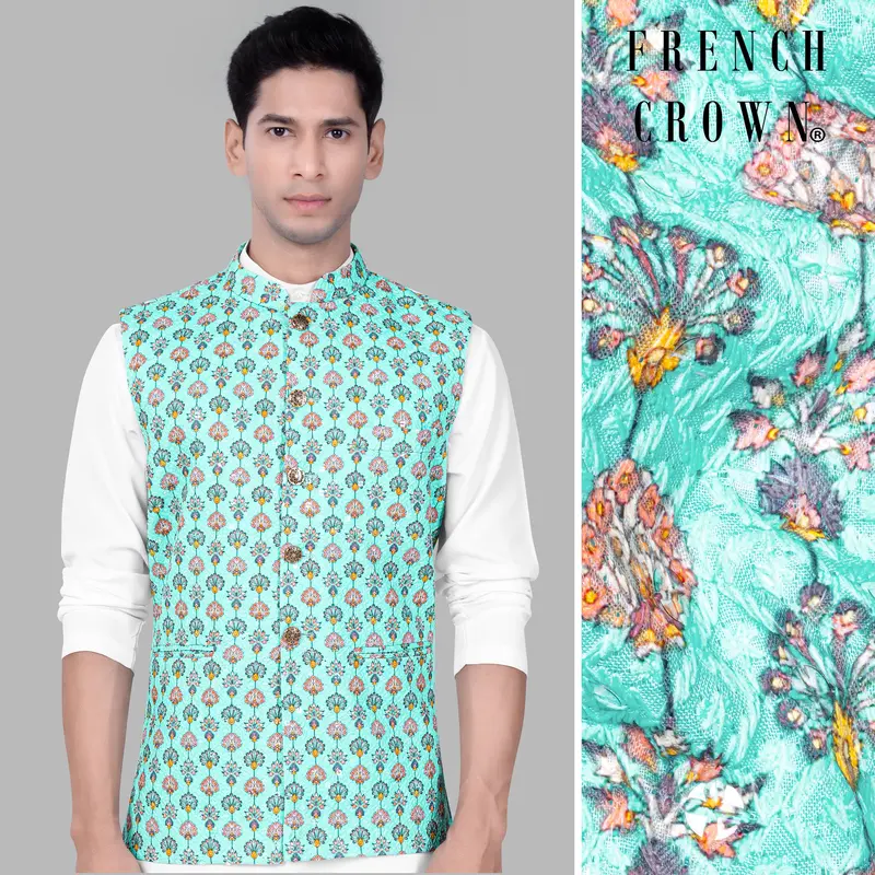 Aquamarine Blue And Tangerine Peach Designer Thread Embroidered Nehru Jacket 1