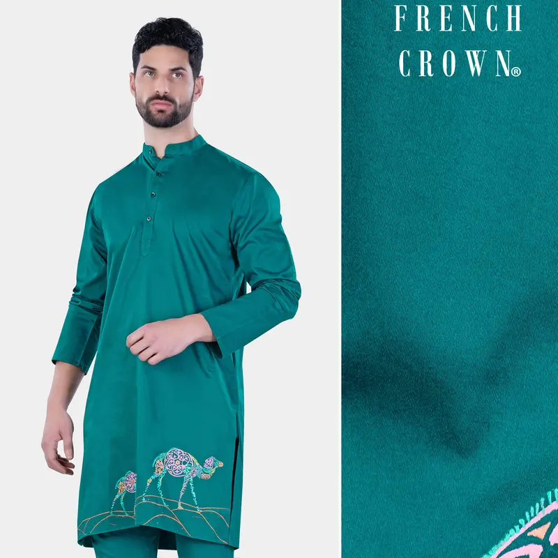 Aquamarine Green Camel Hand Painted Subtle Sheen Super Soft Premium Cotton Designer Kurta 1