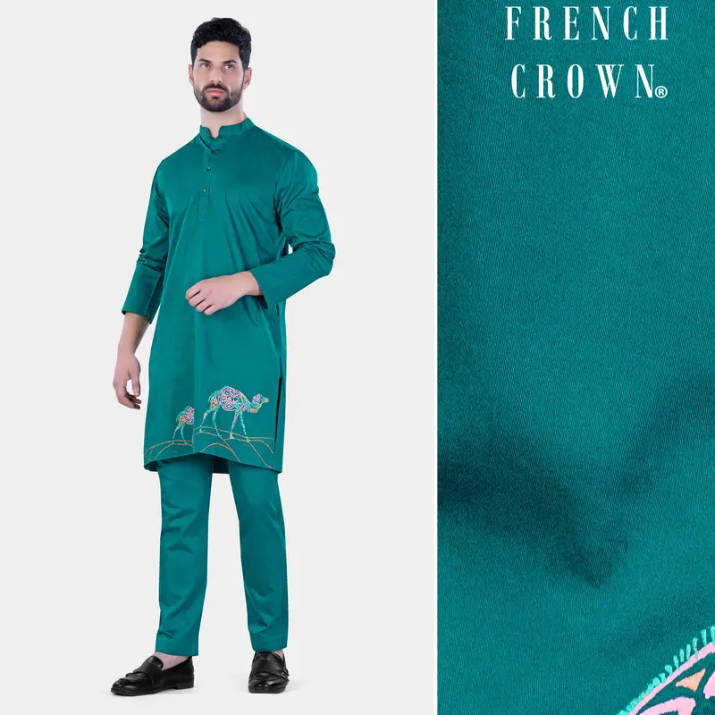 Aquamarine Green Camel Hand Painted Subtle Sheen Super Soft Premium Cotton Designer Kurta Set 1