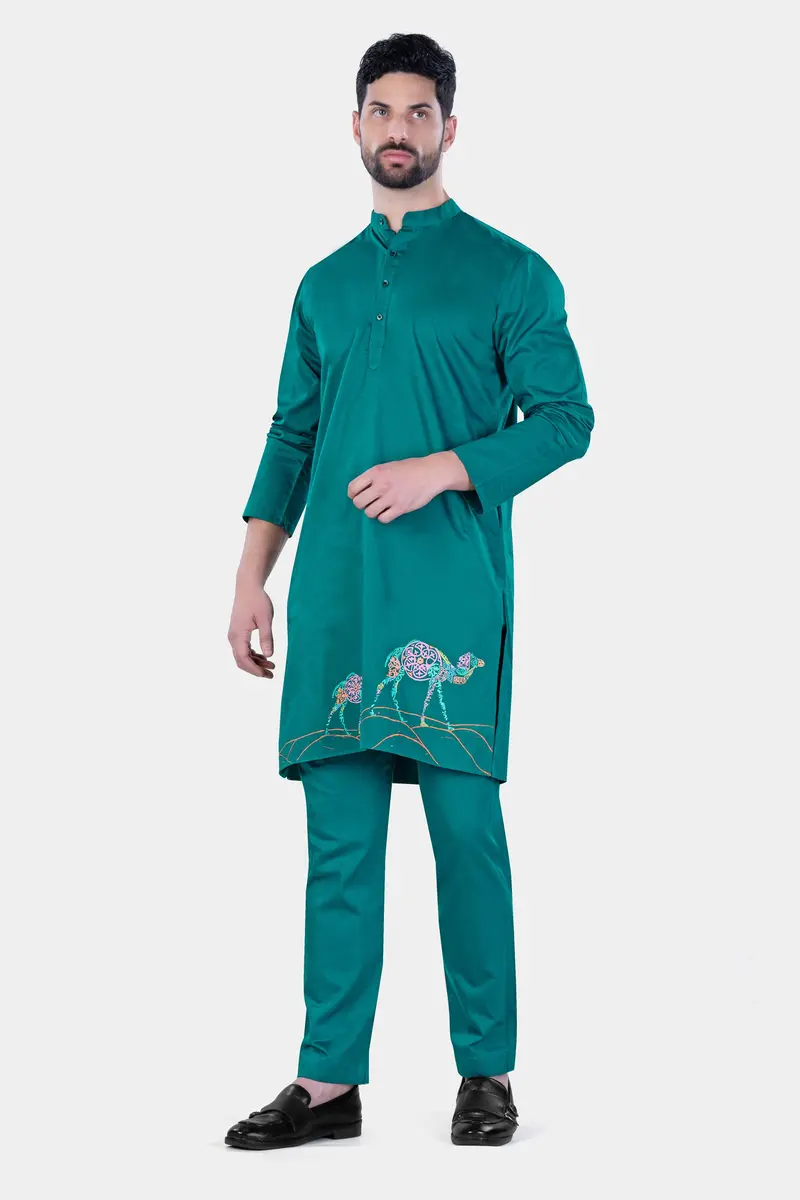 Aquamarine Green Camel Hand Painted Subtle Sheen Super Soft Premium Cotton Designer Kurta Set 2