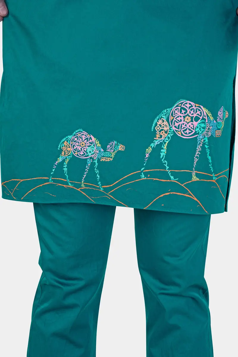 Aquamarine Green Camel Hand Painted Subtle Sheen Super Soft Premium Cotton Designer Kurta Set 4