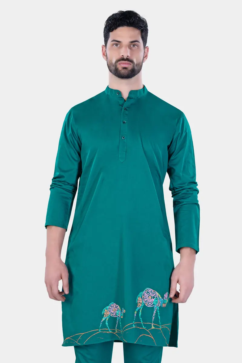 Aquamarine Green Camel Hand Painted Subtle Sheen Super Soft Premium Cotton Designer Kurta Set 6