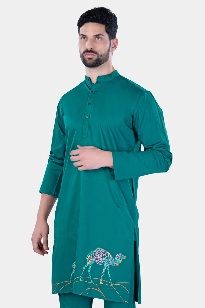 Aquamarine Green Camel Hand Painted Subtle Sheen Super Soft Premium Cotton Designer Kurta Set 7