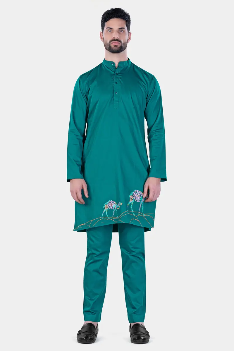 Aquamarine Green Camel Hand Painted Subtle Sheen Super Soft Premium Cotton Designer Kurta Set 8