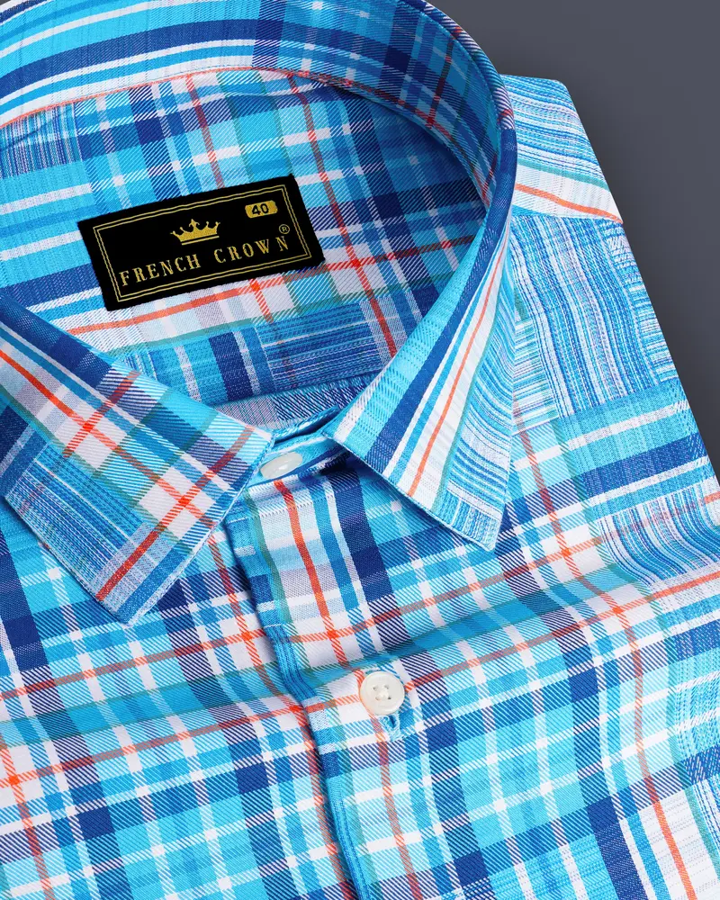 Aquilox-Picton Blue Plaid Dobby Textured Premium Giza Cotton Casual Shirt 1