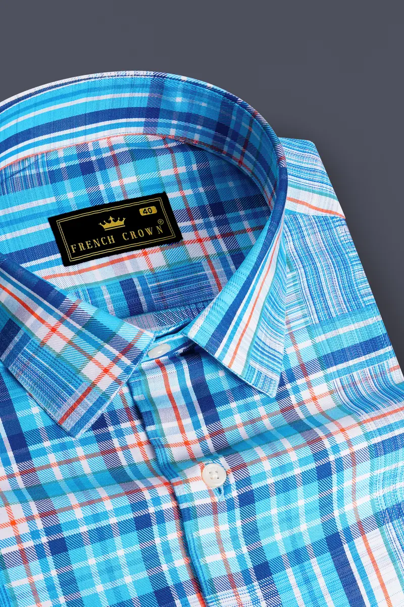 Aquilox-Picton Blue Plaid Dobby Textured Premium Giza Cotton Casual Shirt 2