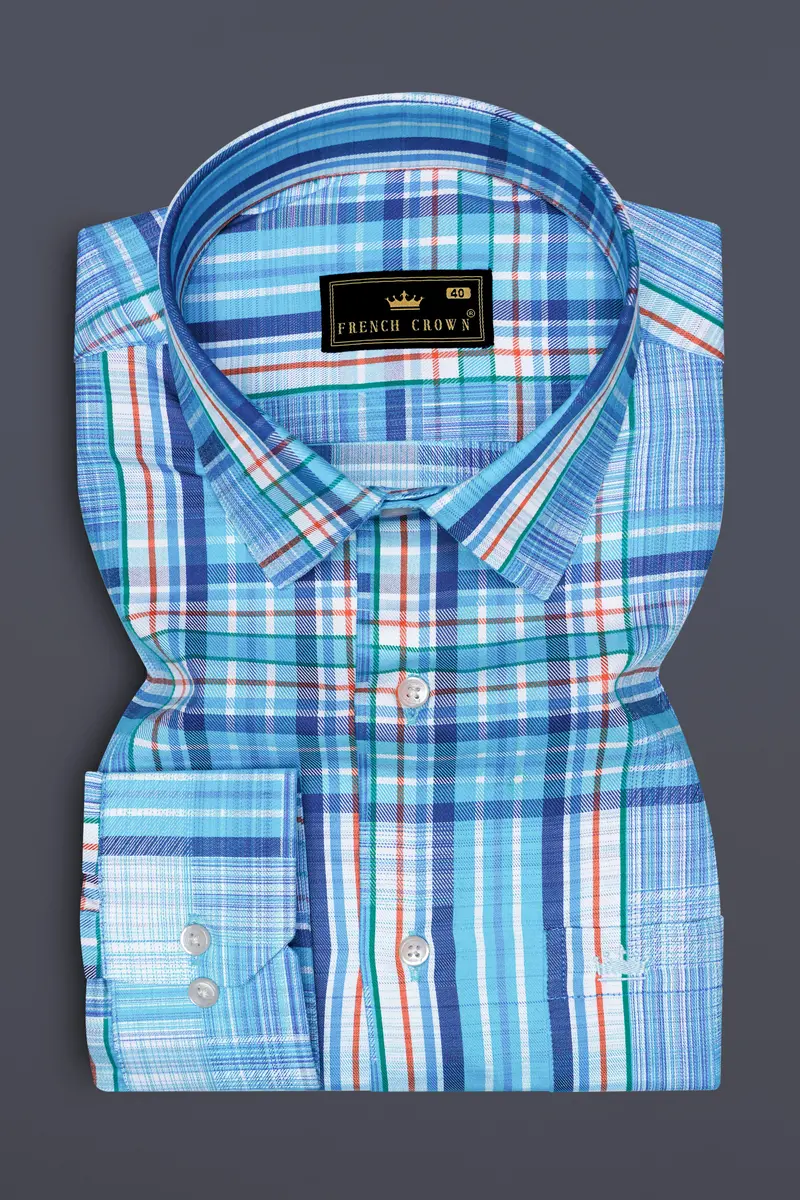 Aquilox-Picton Blue Plaid Dobby Textured Premium Giza Cotton Casual Shirt 4