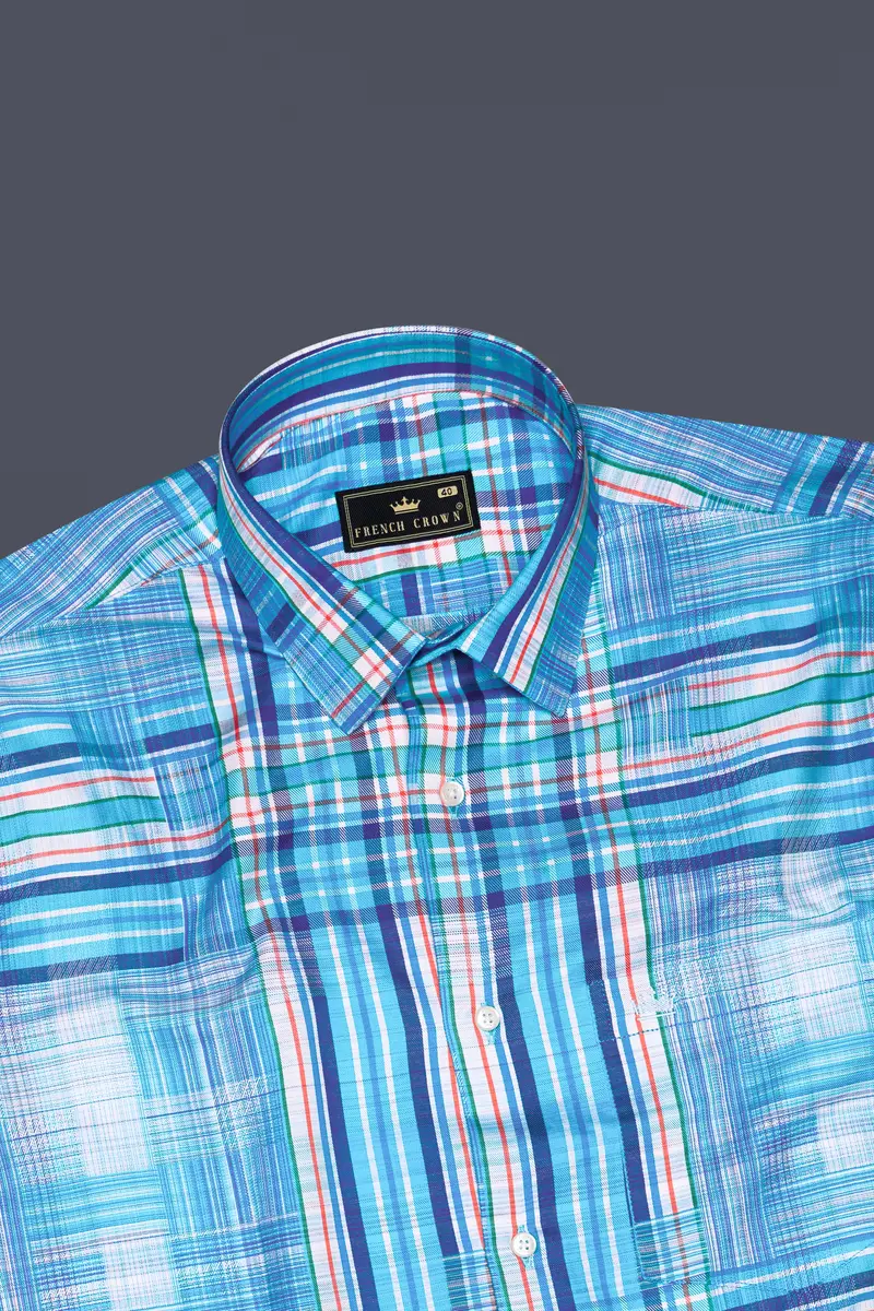 Aquilox-Picton Blue Plaid Dobby Textured Premium Giza Cotton Casual Shirt 5