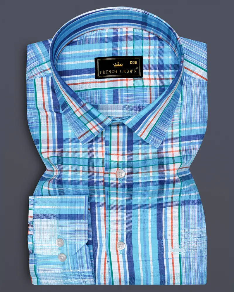 Aquilox-Picton Blue Plaid Dobby Textured Premium Giza Cotton Casual Shirt 6