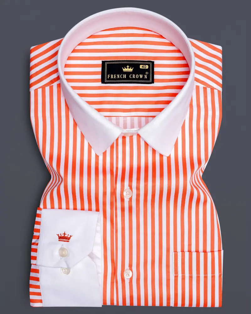 Arancio-Bittersweet Orange And Bright White Candy Striped Subtle Sheen Super Soft Premium Cotton Cuff Collar Dress Shirt 1