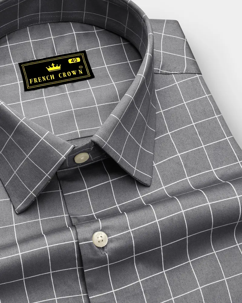 Argent-Shuttle Gray And Bright White Windowpane Subtle Sheen Super Soft Premium Cotton Dress Shirt 1