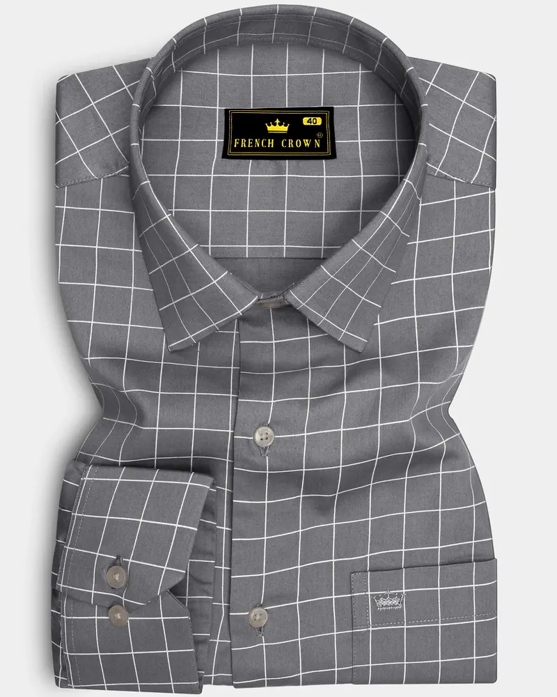 Argent-Shuttle Gray And Bright White Windowpane Subtle Sheen Super Soft Premium Cotton Dress Shirt 6