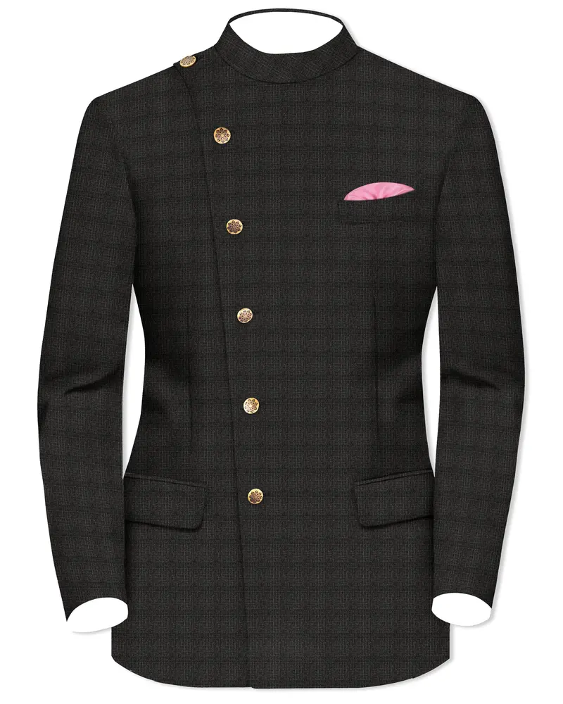 Armadillo Brown Subtle Windowpane Cross Placket Wool Rich Bandhgala Blazer 1